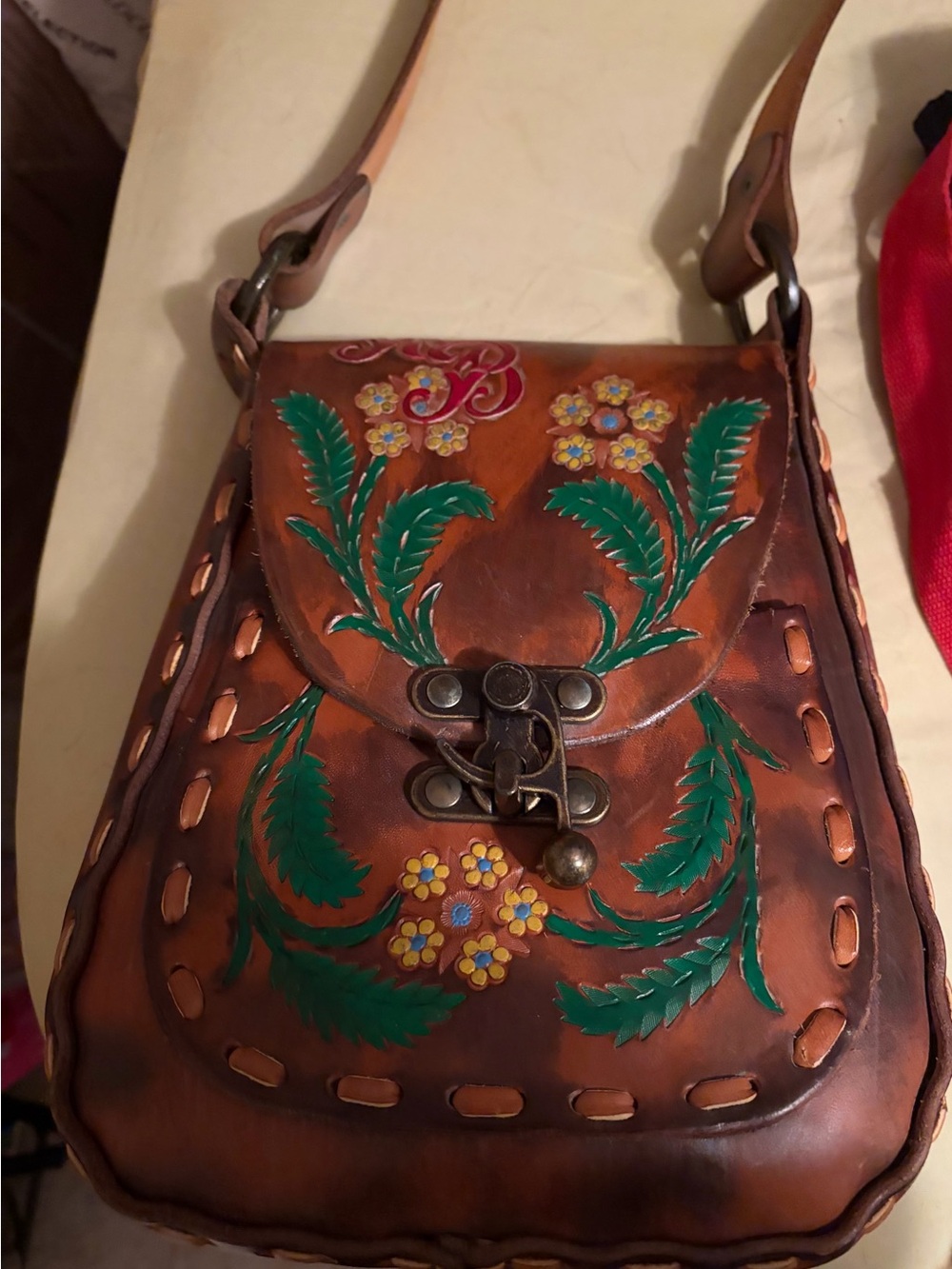 Hand stitched  and hand painted Brown Leather Crossbody Bag, with Floral Detail